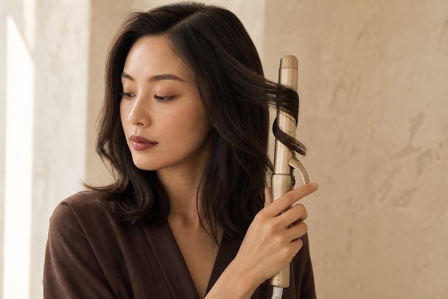 A woman wrapping a front section away from her face with a curling iron.
